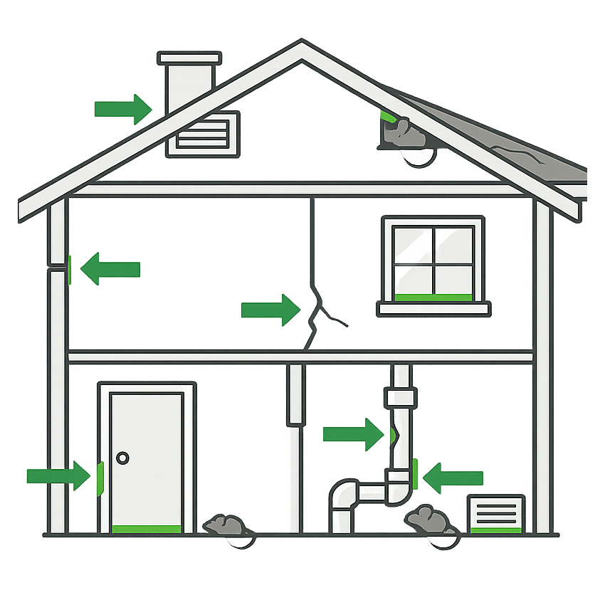mouse entry points house diagram showing gaps doors pipes vents